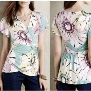 Anthropologie Deletta Azores Floral Knit Wrap Top blouse Short Sleeve xL